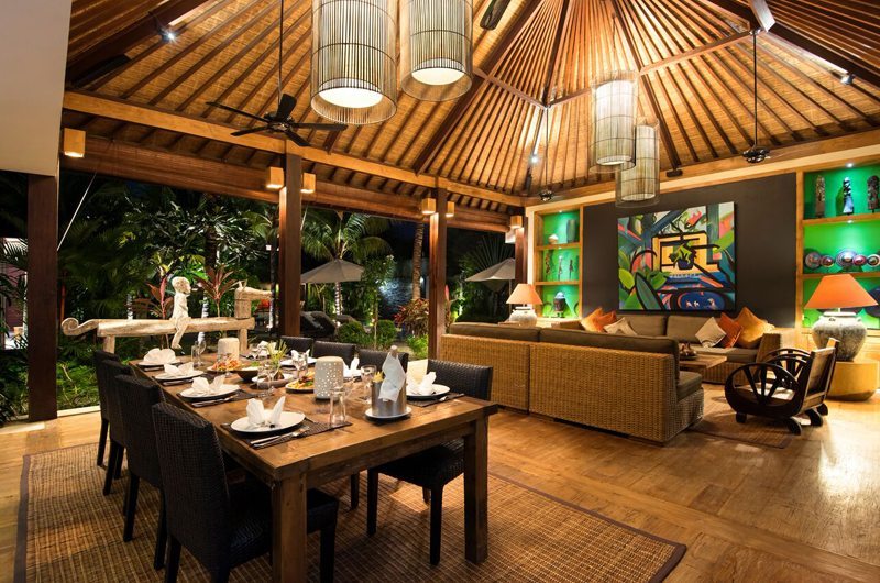 Villa Abakoi Living and Dining Area at Night, Seminyak | 6 Bedroom Villas Bali