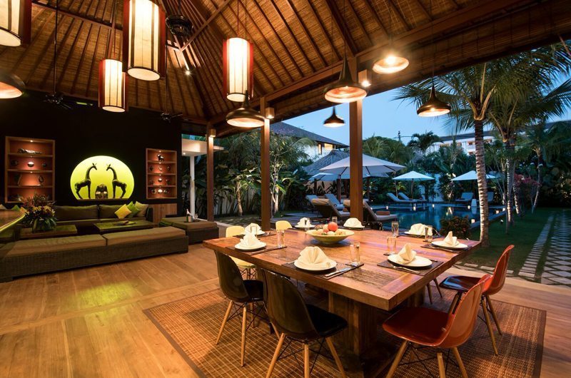 Villa Tangram Living and Dining Area with Pool View, Seminyak | 6 Bedroom Villas Bali